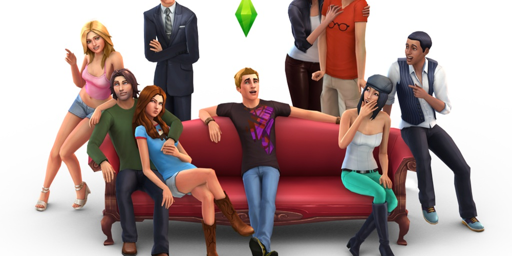 many sims in game on sofa